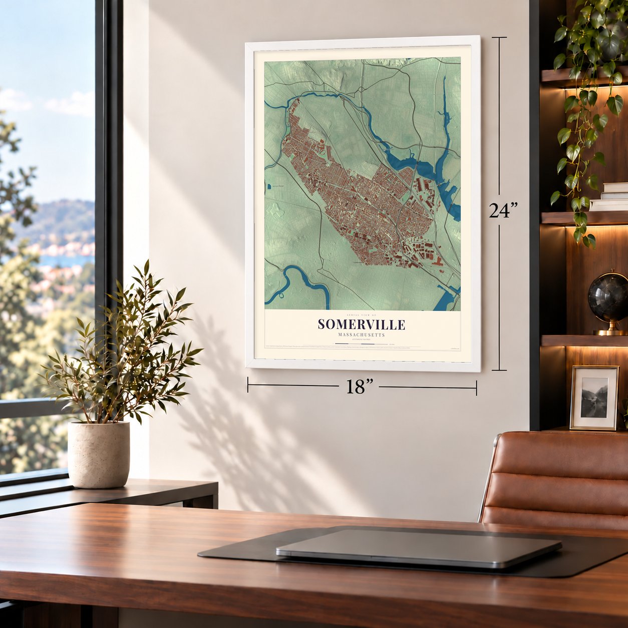 Somerville, Massachusetts map, 18 x 24 inch print in a white frame in a home office