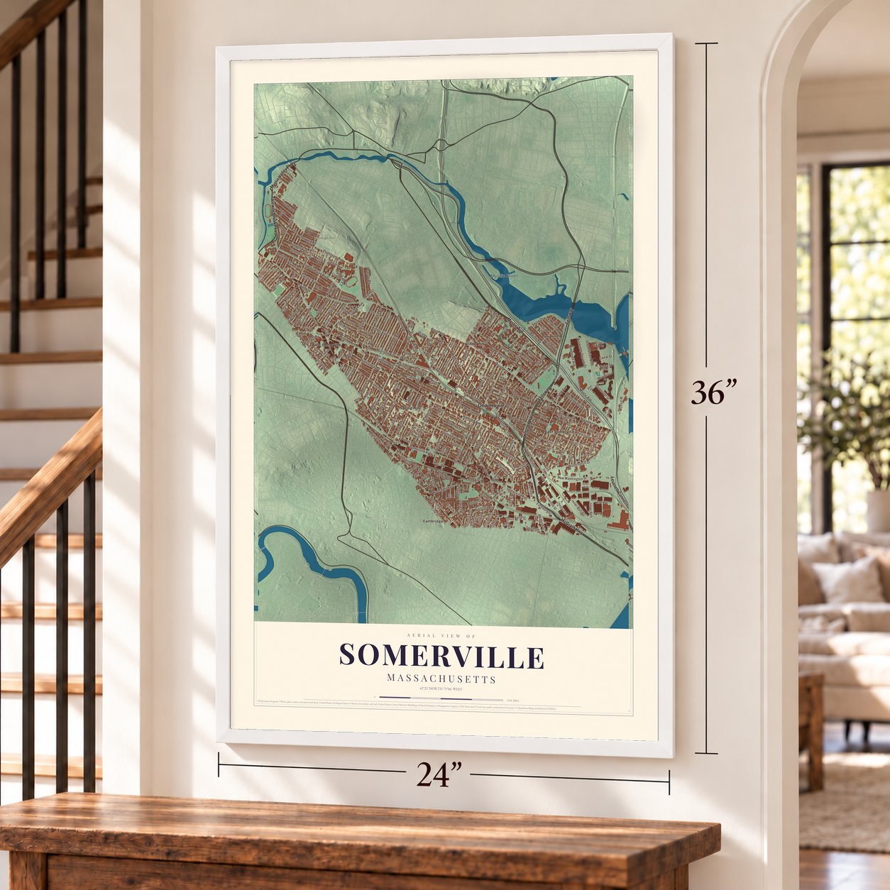 Somerville, Massachusetts map, 24 x 36 inch print in a white frame by a staircase