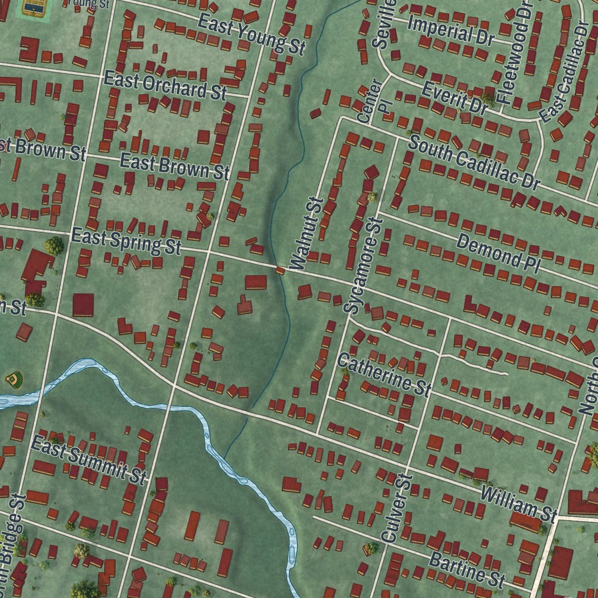 Second close-up of the map of Somerville, New Jersey print showing more streets and buildings