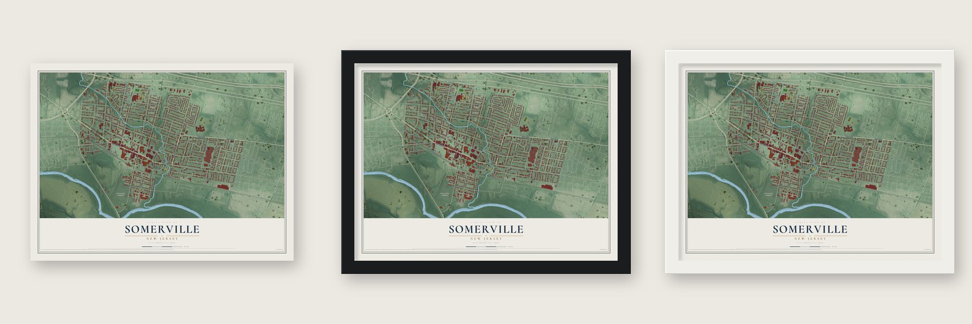 Somerville, New Jersey map unframed, in a black wood frame and in a white wood frame