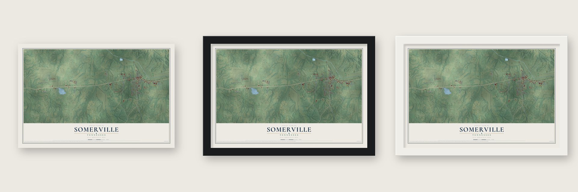 Somerville, Tennessee map unframed, in a black wood frame and in a white wood frame