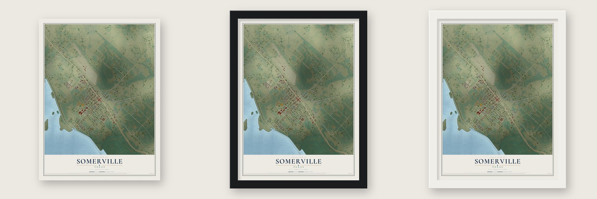 Somerville, Texas map unframed, in a black wood frame and in a white wood frame