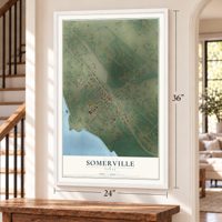 Somerville, Texas map, 24 x 36 inch print in a white frame by a staircase