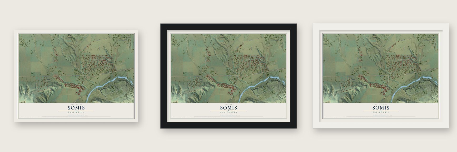 Somis, California map unframed, in a black wood frame and in a white wood frame