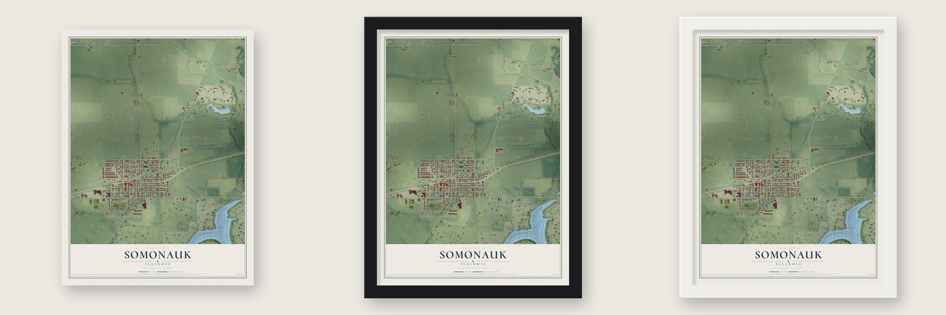 Somonauk, Illinois map unframed, in a black wood frame and in a white wood frame