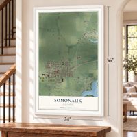 Somonauk, Illinois map, 24 x 36 inch print in a white frame by a staircase