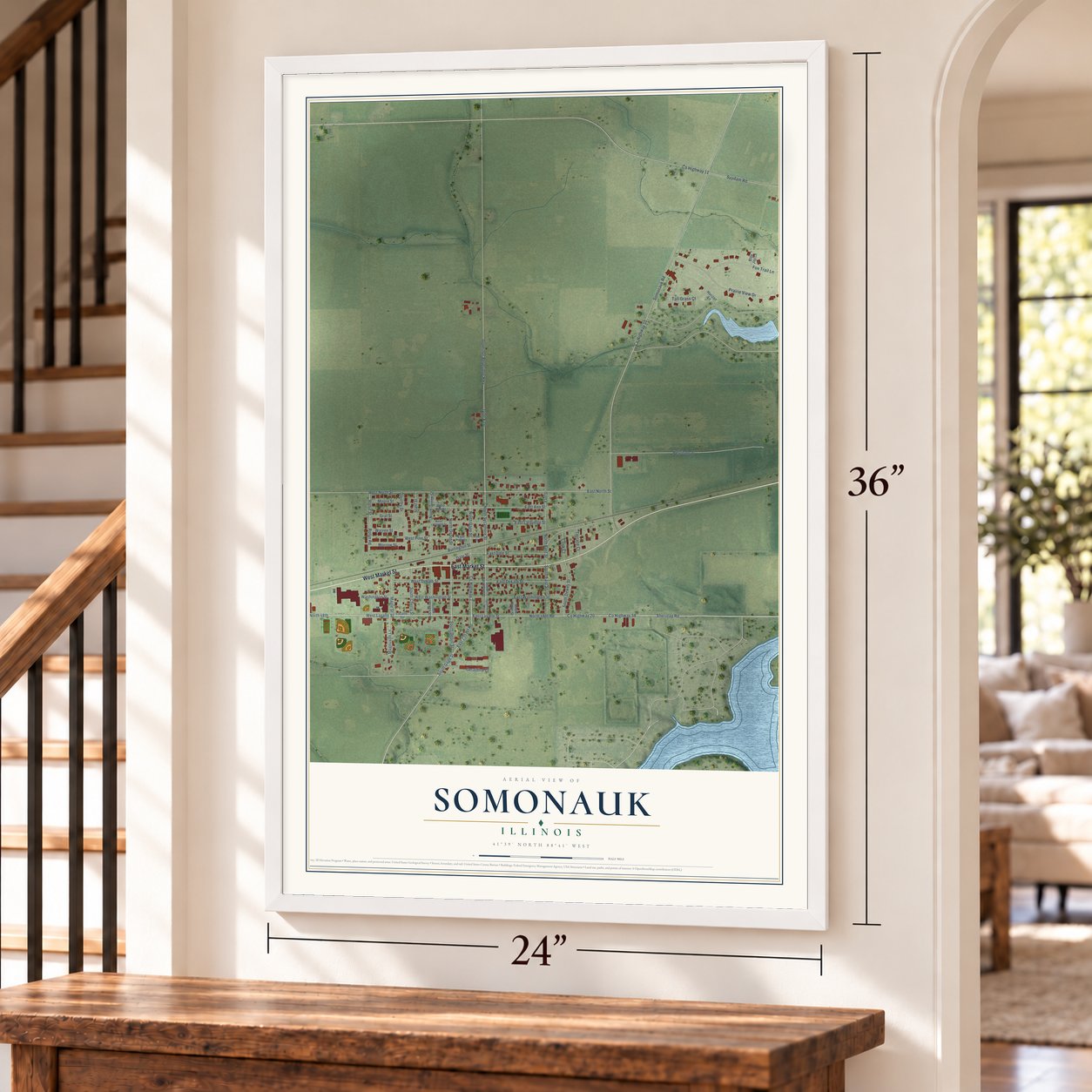 Somonauk, Illinois map, 24 x 36 inch print in a white frame by a staircase