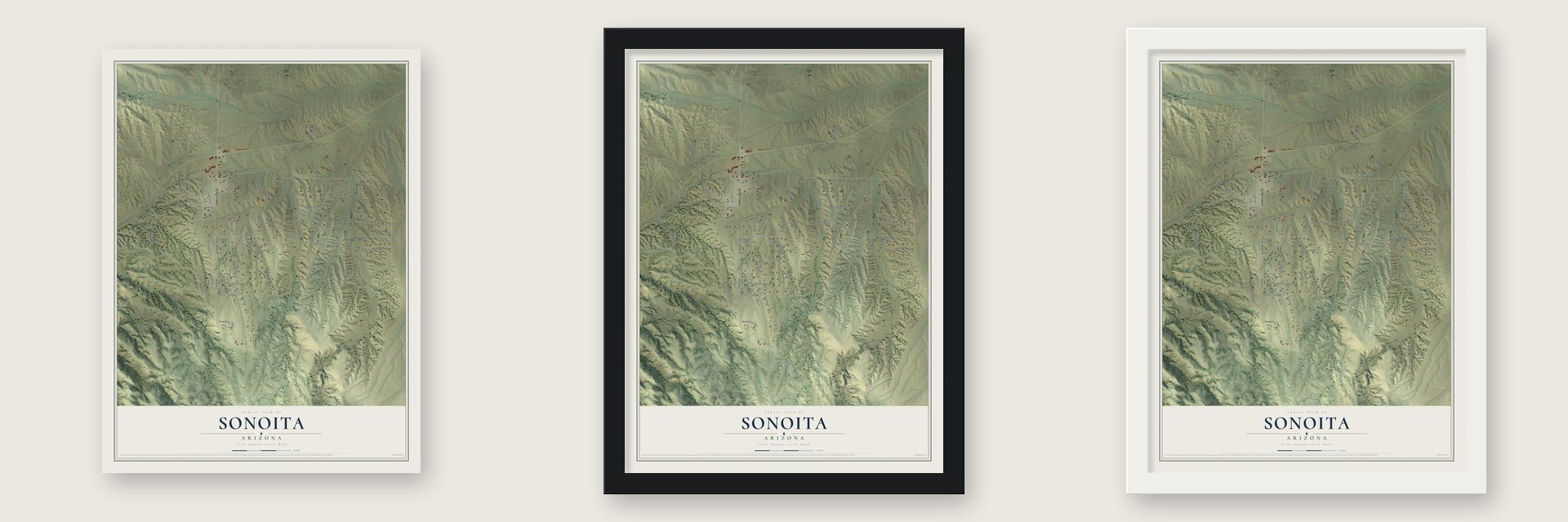 Sonoita, Arizona map unframed, in a black wood frame and in a white wood frame