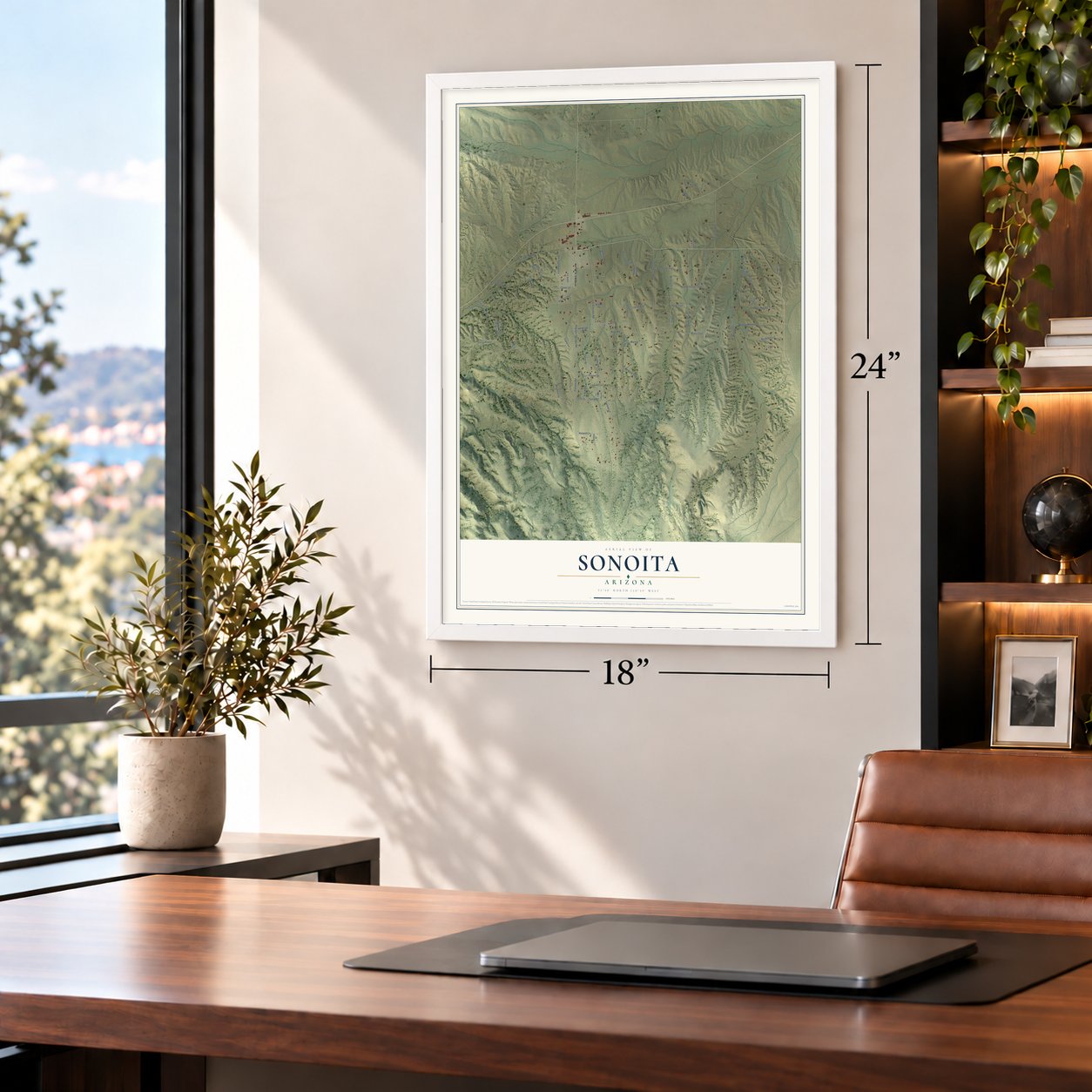 Sonoita, Arizona map, 18 x 24 inch print in a white frame in a home office