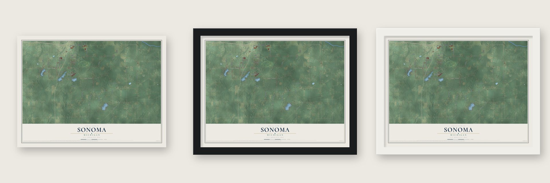 Sonoma, Michigan map unframed, in a black wood frame and in a white wood frame