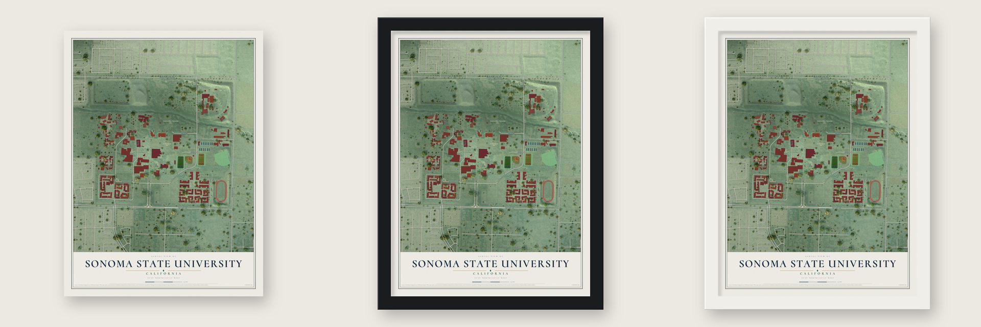 Sonoma State University, California map unframed, in a black wood frame and in a white wood frame