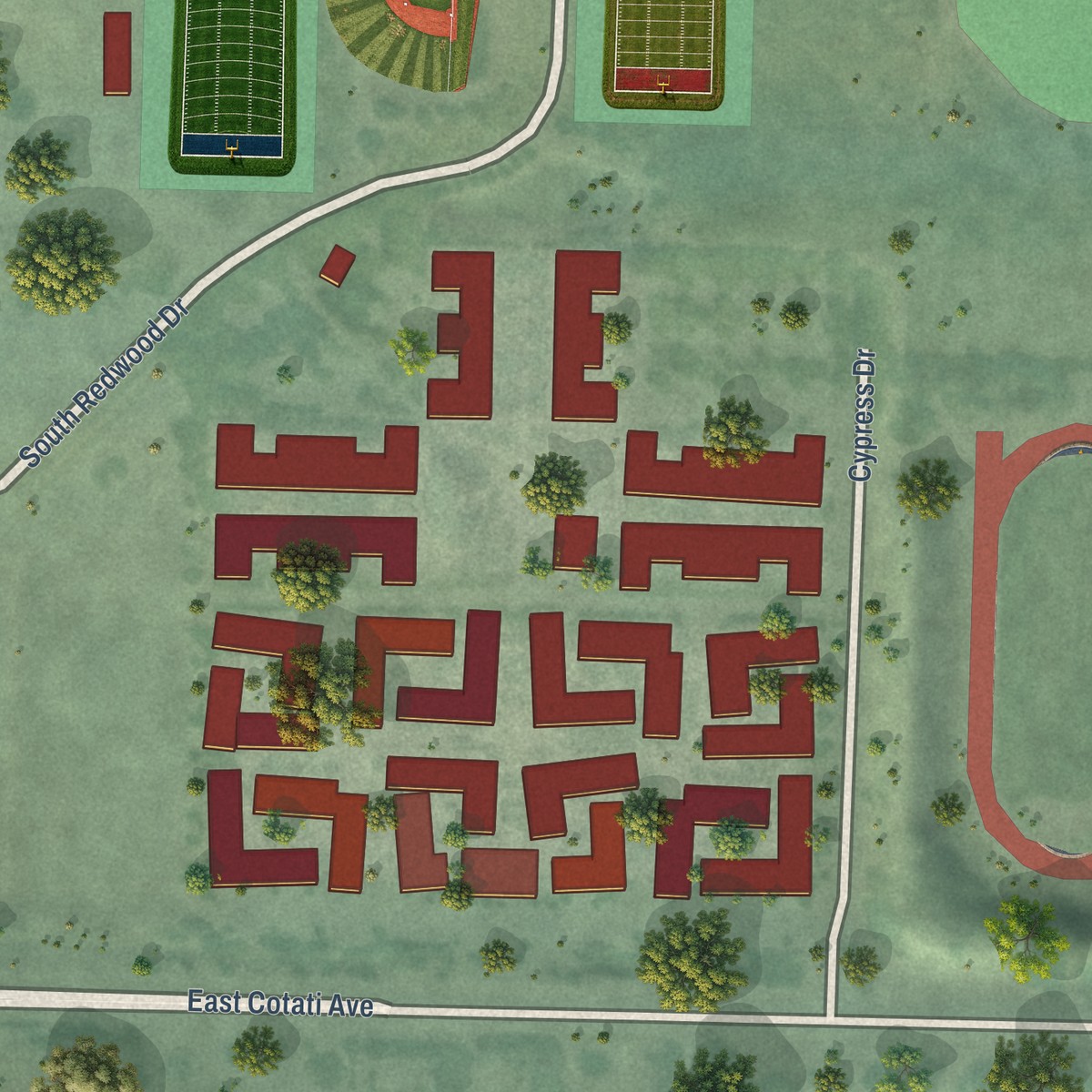 Second close-up of the map of Sonoma State University, California print showing more streets and buildings
