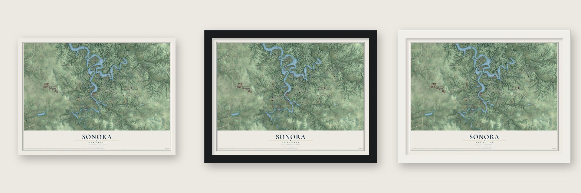 Sonora, Arkansas map unframed, in a black wood frame and in a white wood frame
