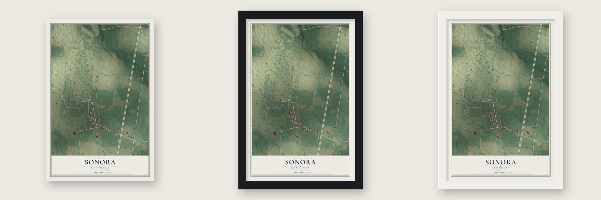 Sonora, Kentucky map unframed, in a black wood frame and in a white wood frame