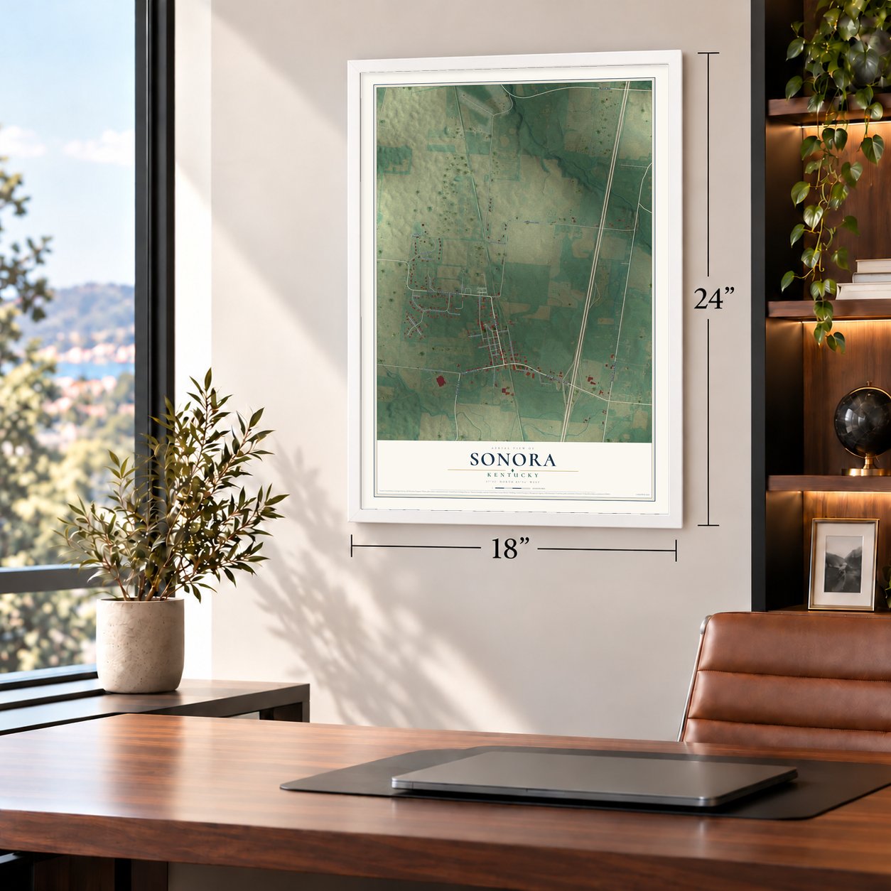 Sonora, Kentucky map, 18 x 24 inch print in a white frame in a home office