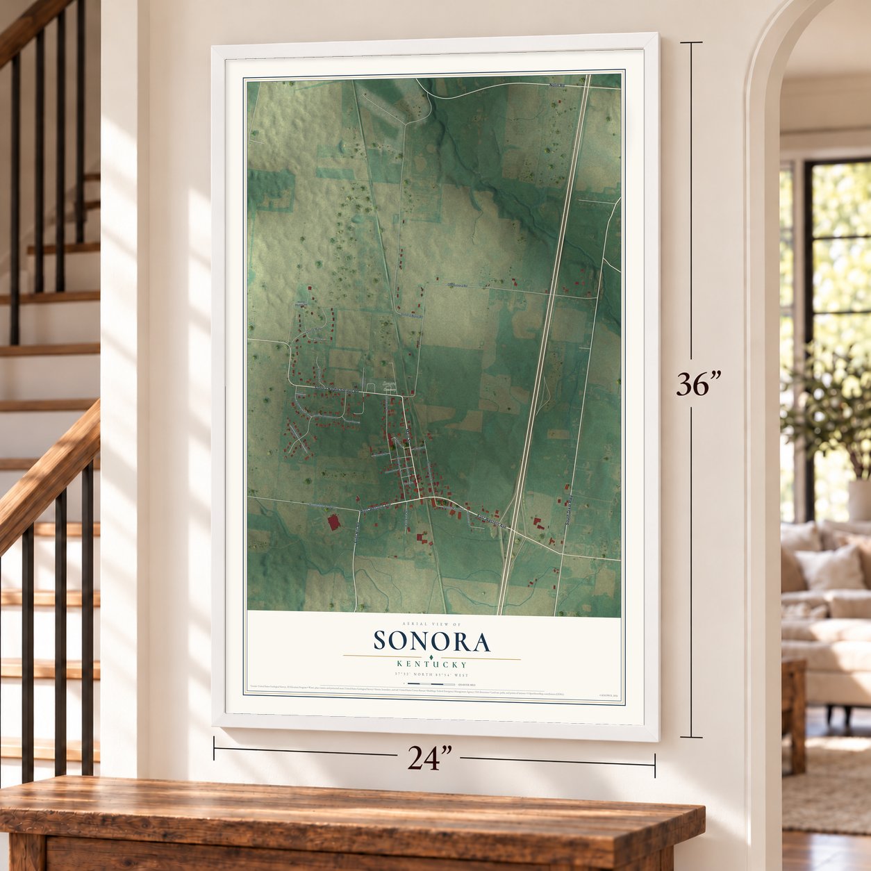 Sonora, Kentucky map, 24 x 36 inch print in a white frame by a staircase