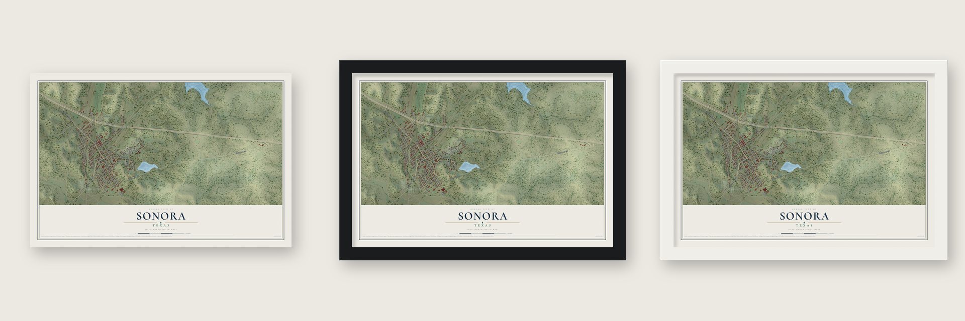 Sonora, Texas map unframed, in a black wood frame and in a white wood frame