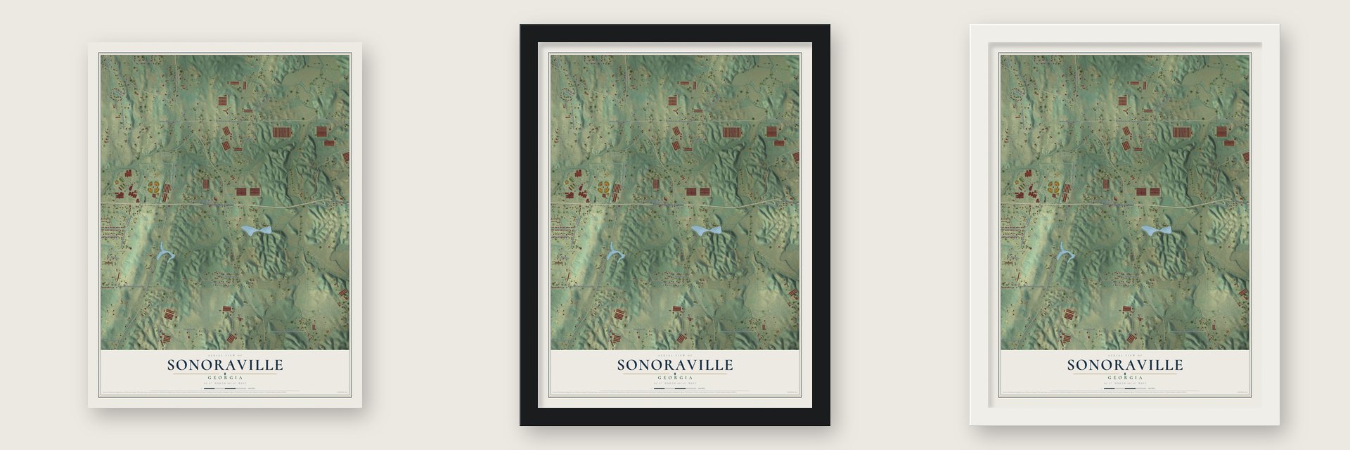Sonoraville, Georgia map unframed, in a black wood frame and in a white wood frame