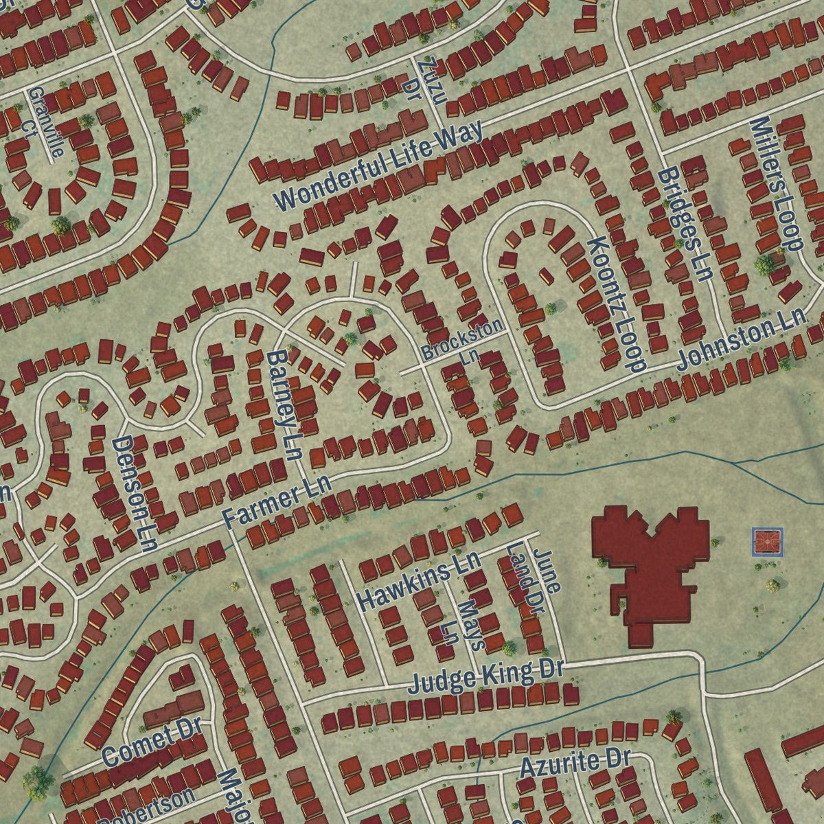 Second close-up of the map of Sonterra, Texas print showing more streets and buildings