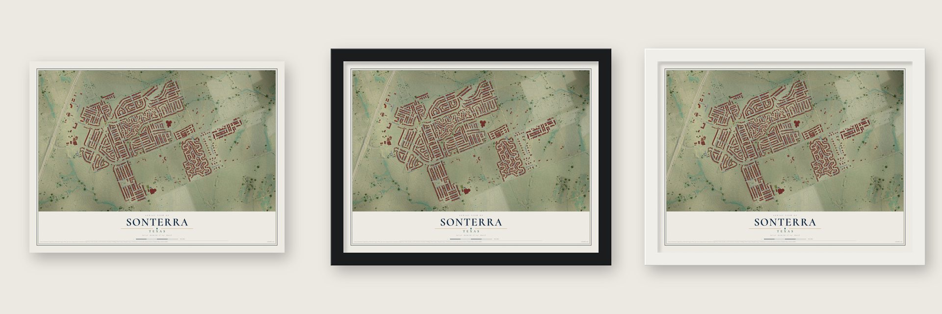 Sonterra, Texas map unframed, in a black wood frame and in a white wood frame