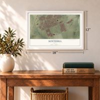 Sonterra, Texas map, 12 x 18 inch print in a white frame in an entryway