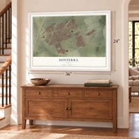 Sonterra, Texas map, 24 x 36 inch print in a white frame above a dresser by a staircase