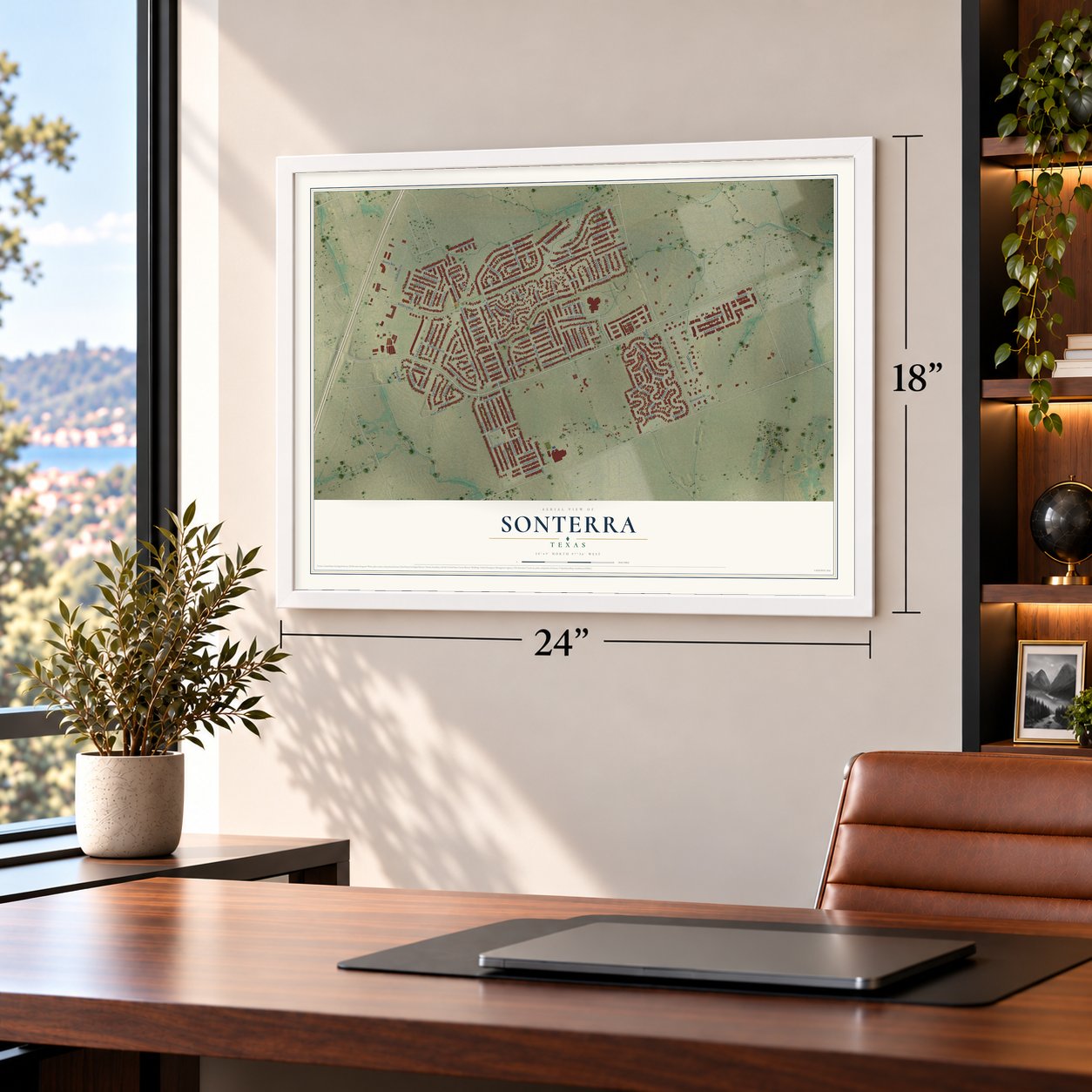 Sonterra, Texas map, 18 x 24 inch print in a white frame in a home office