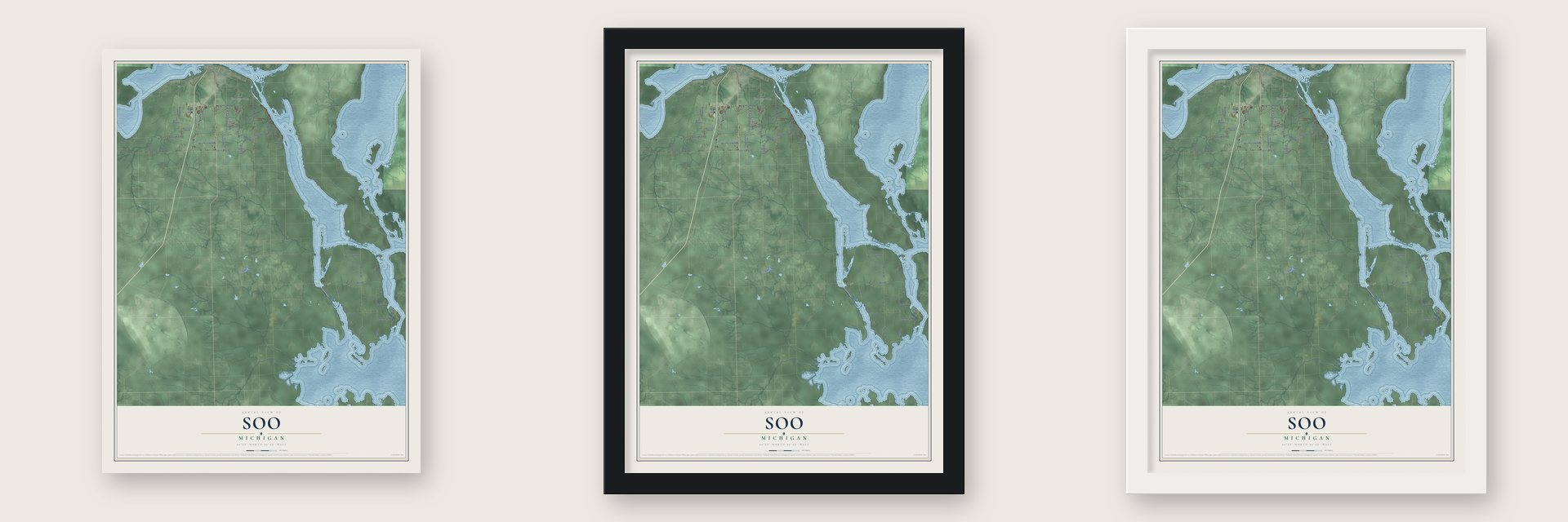 Soo, Michigan map unframed, in a black wood frame and in a white wood frame