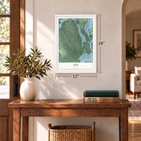 Soo, Michigan map, 12 x 18 inch print in a white frame in an entryway