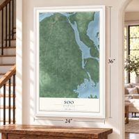 Soo, Michigan map, 24 x 36 inch print in a white frame by a staircase