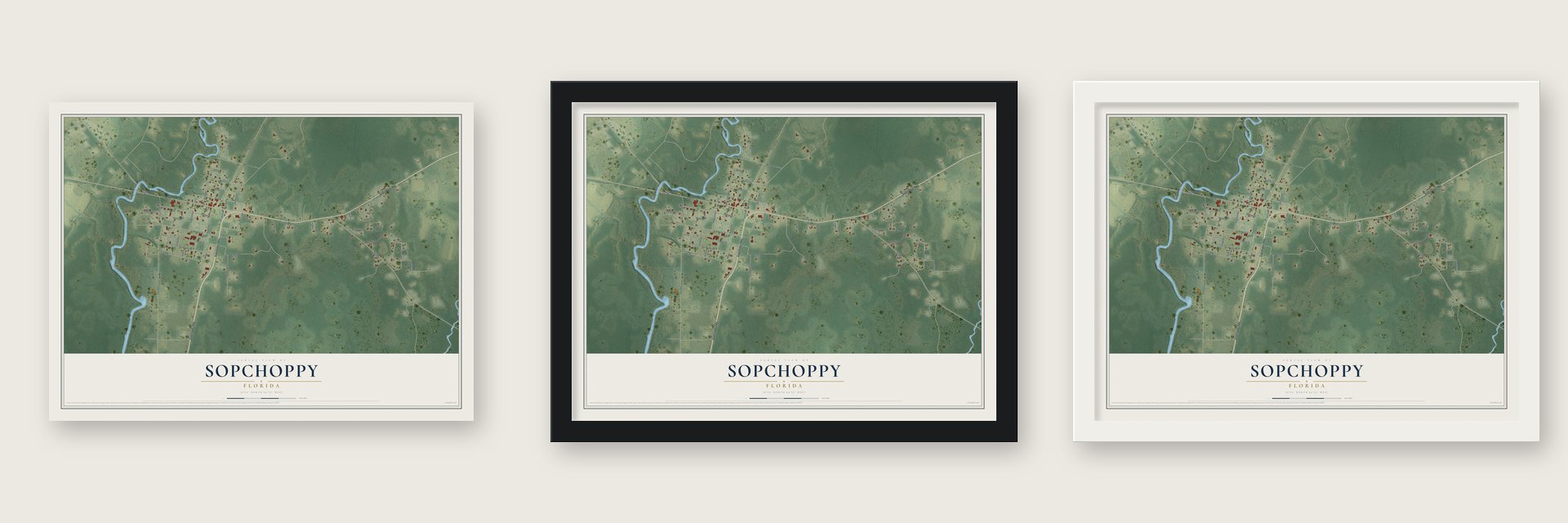 Sopchoppy, Florida map unframed, in a black wood frame and in a white wood frame