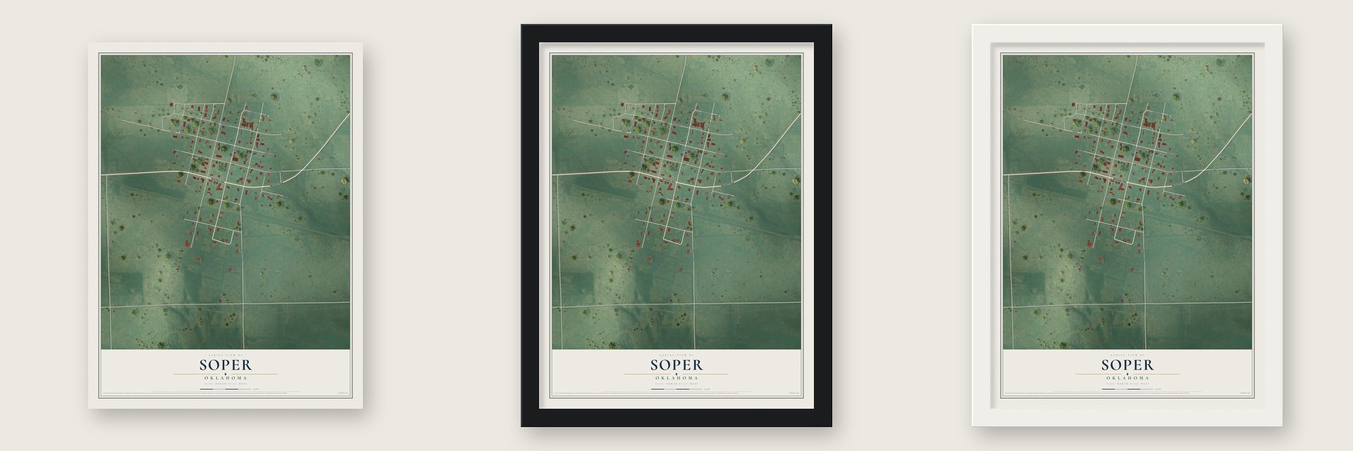 Soper, Oklahoma map unframed, in a black wood frame and in a white wood frame