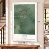 Soper, Oklahoma map, 24 x 36 inch print in a white frame by a staircase