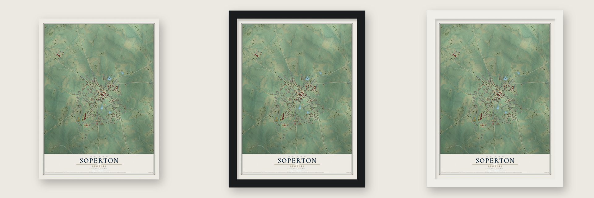 Soperton, Georgia map unframed, in a black wood frame and in a white wood frame