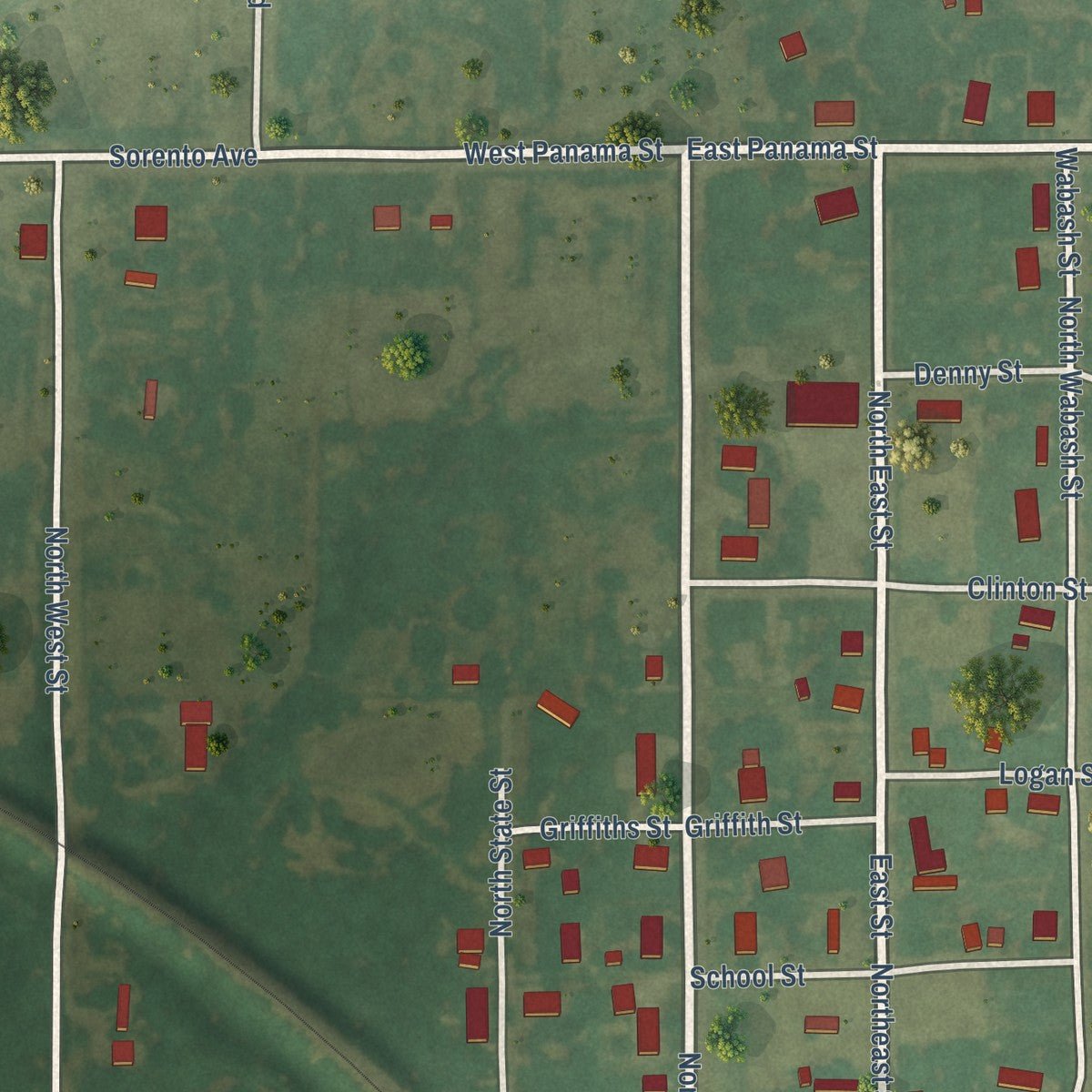 Second close-up of the map of Sorento, Illinois print showing more streets and buildings