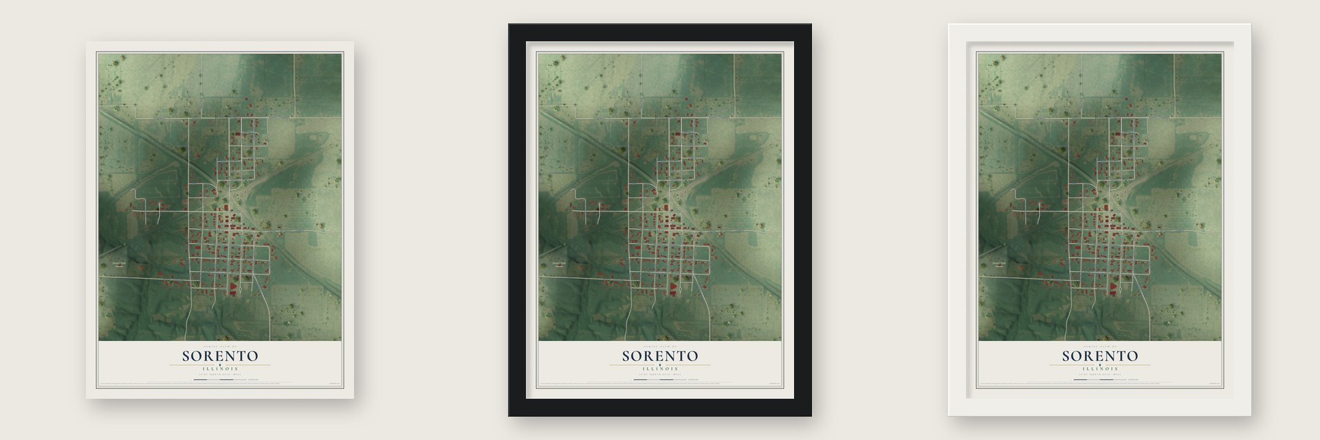 Sorento, Illinois map unframed, in a black wood frame and in a white wood frame