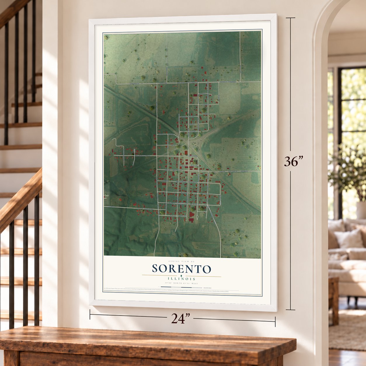 Sorento, Illinois map, 24 x 36 inch print in a white frame by a staircase
