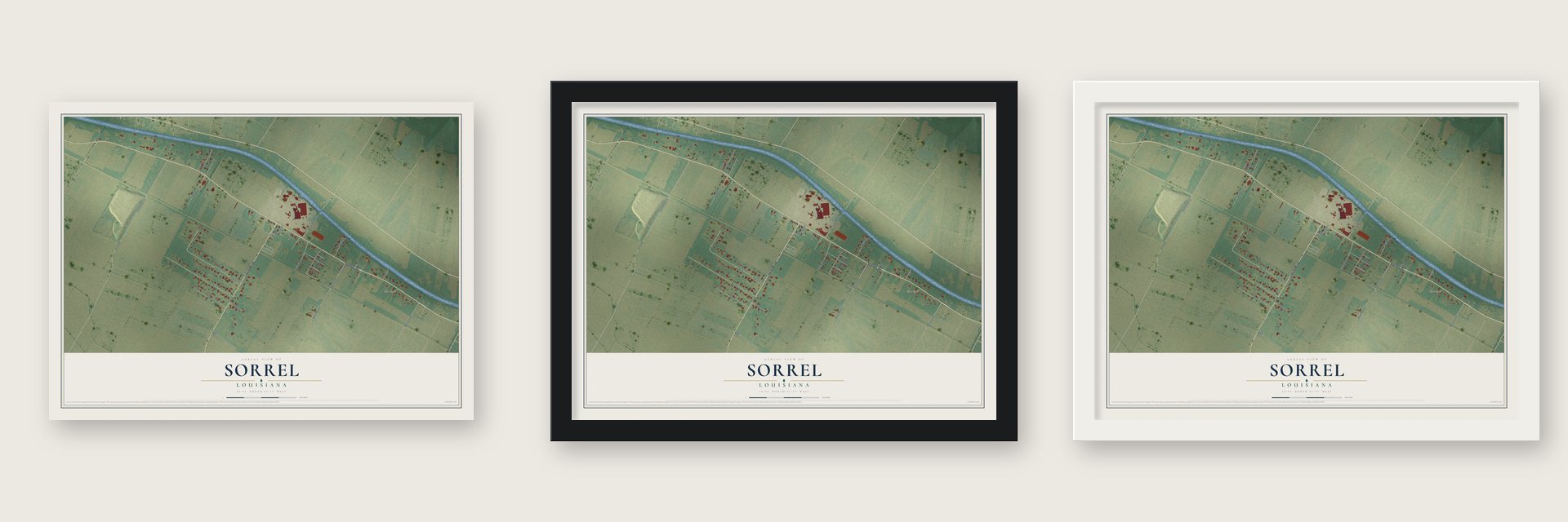 Sorrel, Louisiana map unframed, in a black wood frame and in a white wood frame