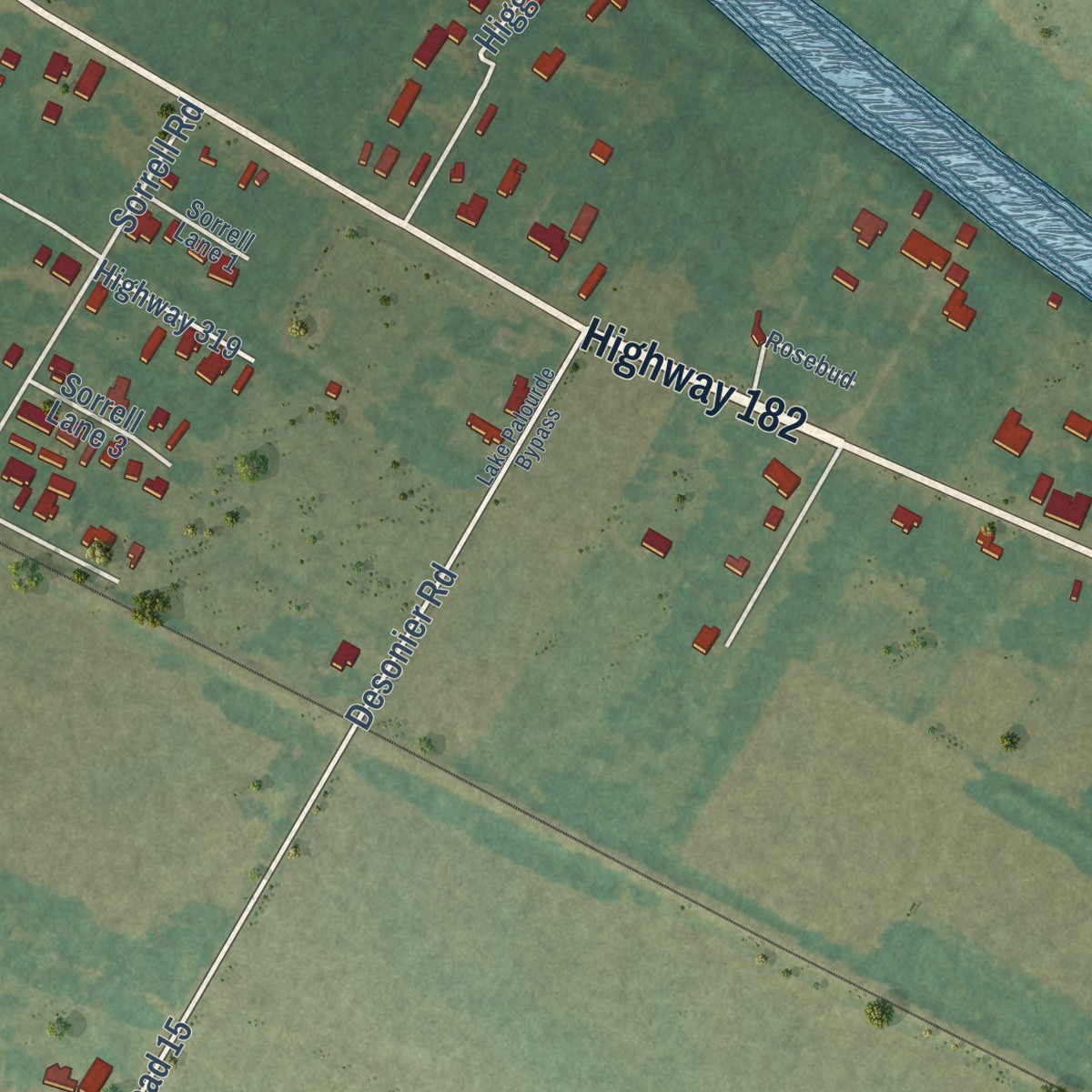Second close-up of the map of Sorrel, Louisiana print showing more streets and buildings