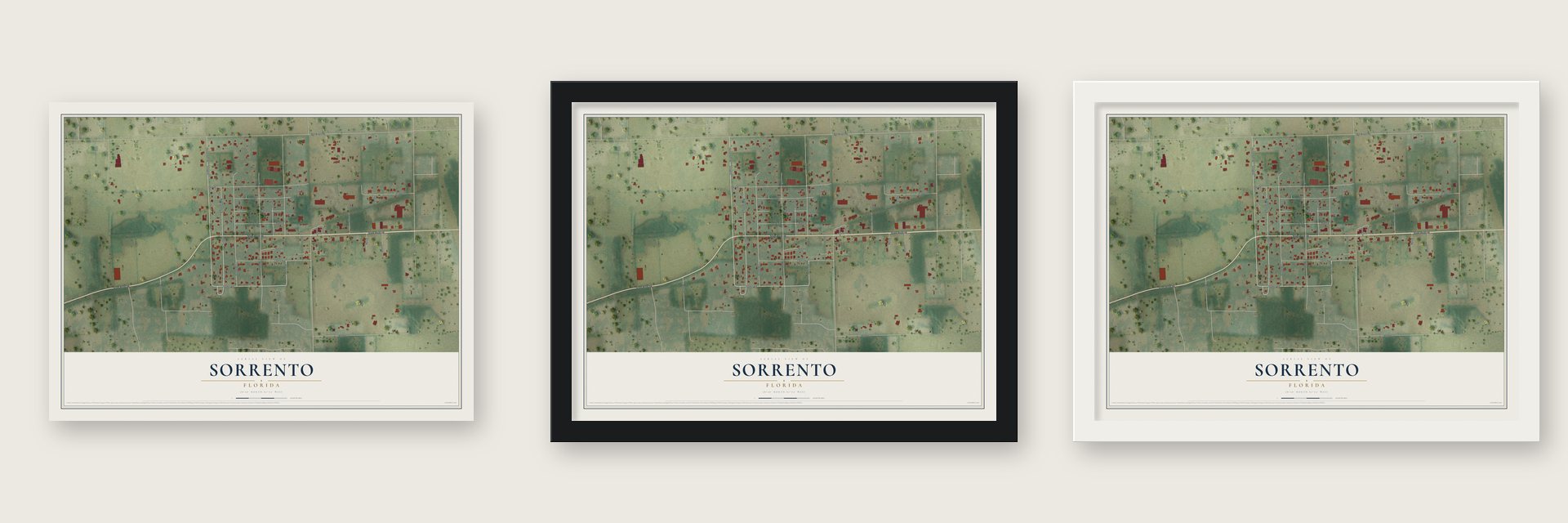 Sorrento, Florida map unframed, in a black wood frame and in a white wood frame