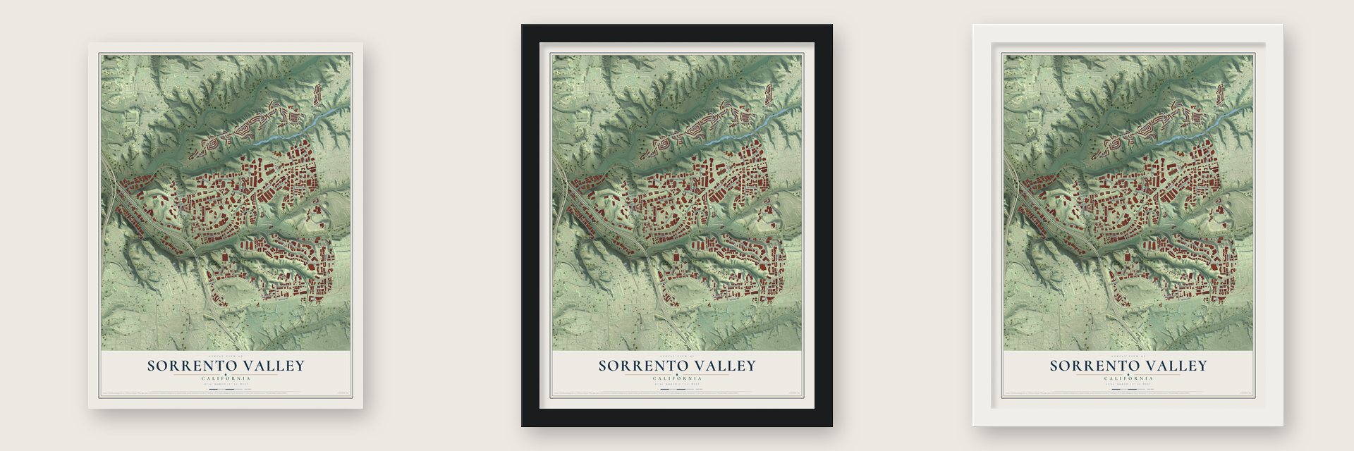 Sorrento Valley, California map unframed, in a black wood frame and in a white wood frame