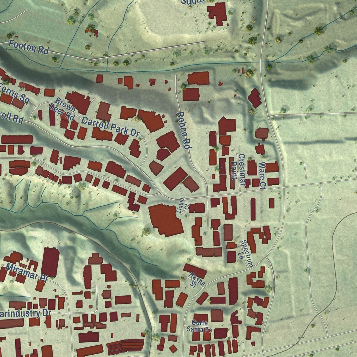 Second close-up of the map of Sorrento Valley, California print showing more streets and buildings