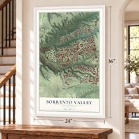 Sorrento Valley, California map, 24 x 36 inch print in a white frame by a staircase