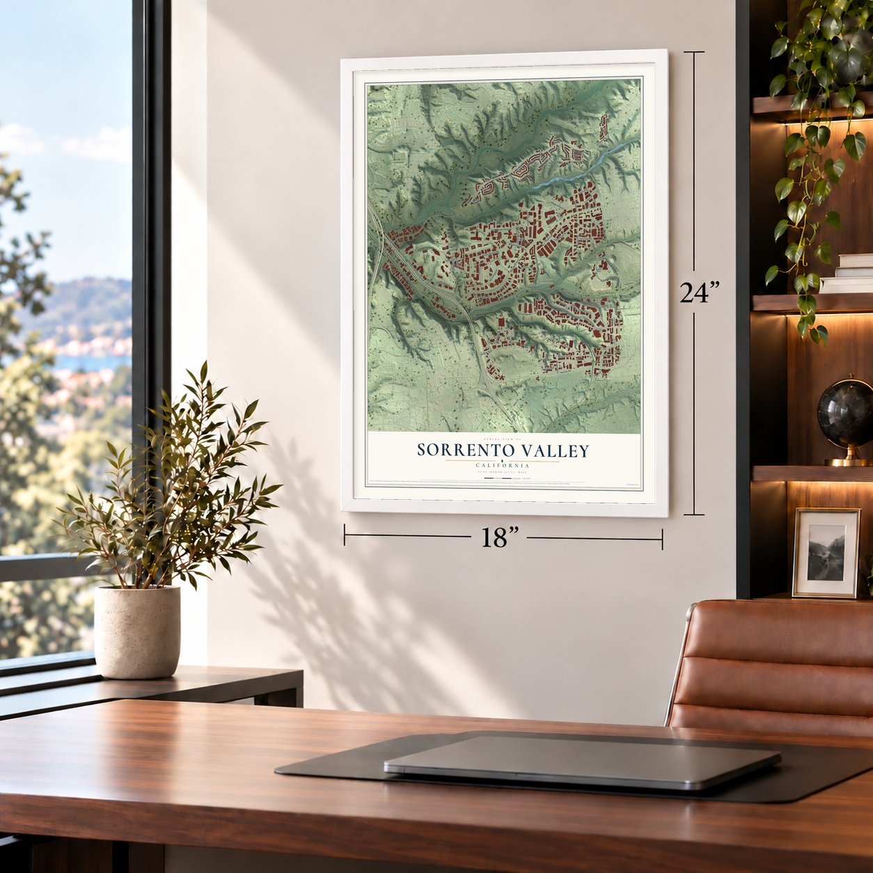 Sorrento Valley, California map, 18 x 24 inch print in a white frame in a home office