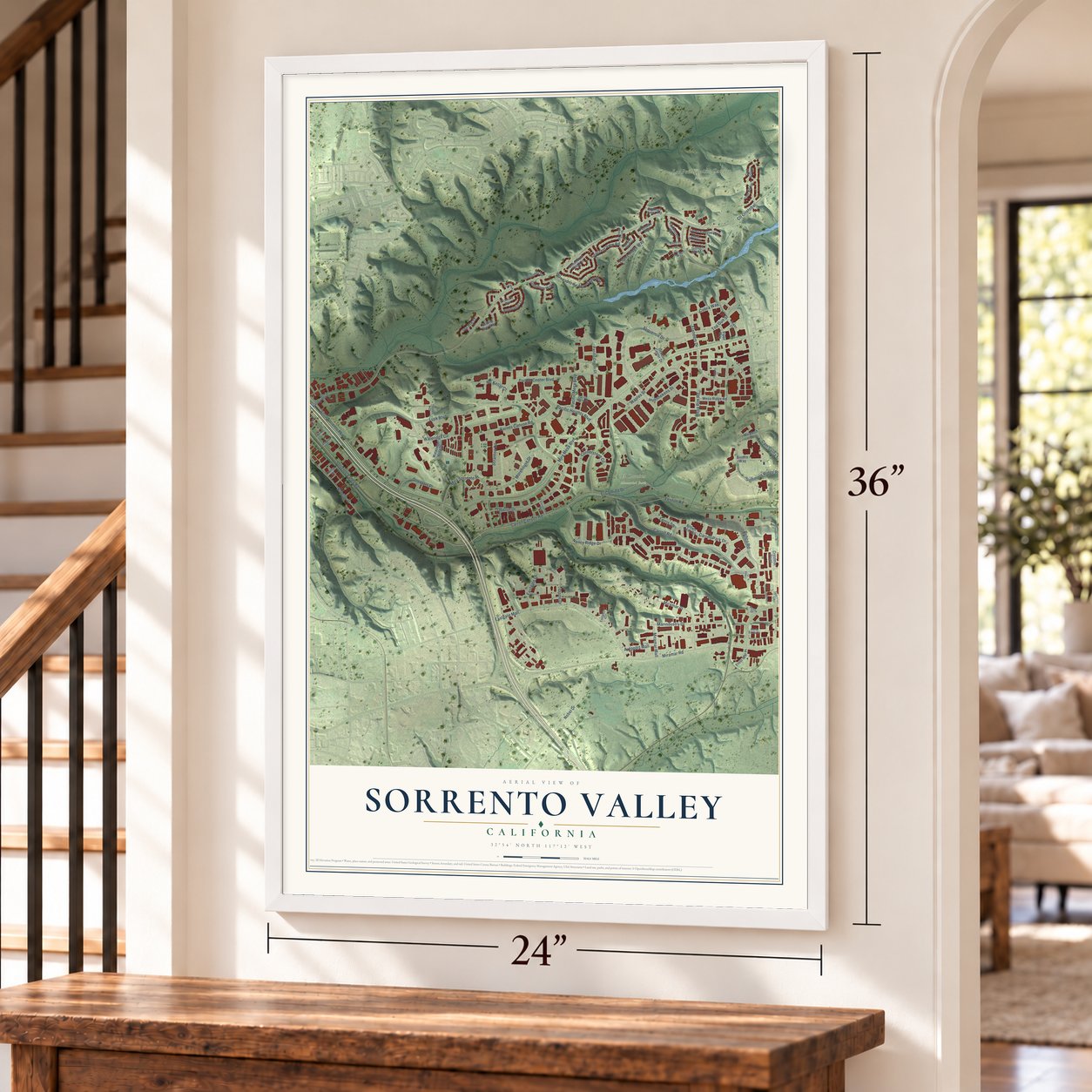 Sorrento Valley, California map, 24 x 36 inch print in a white frame by a staircase