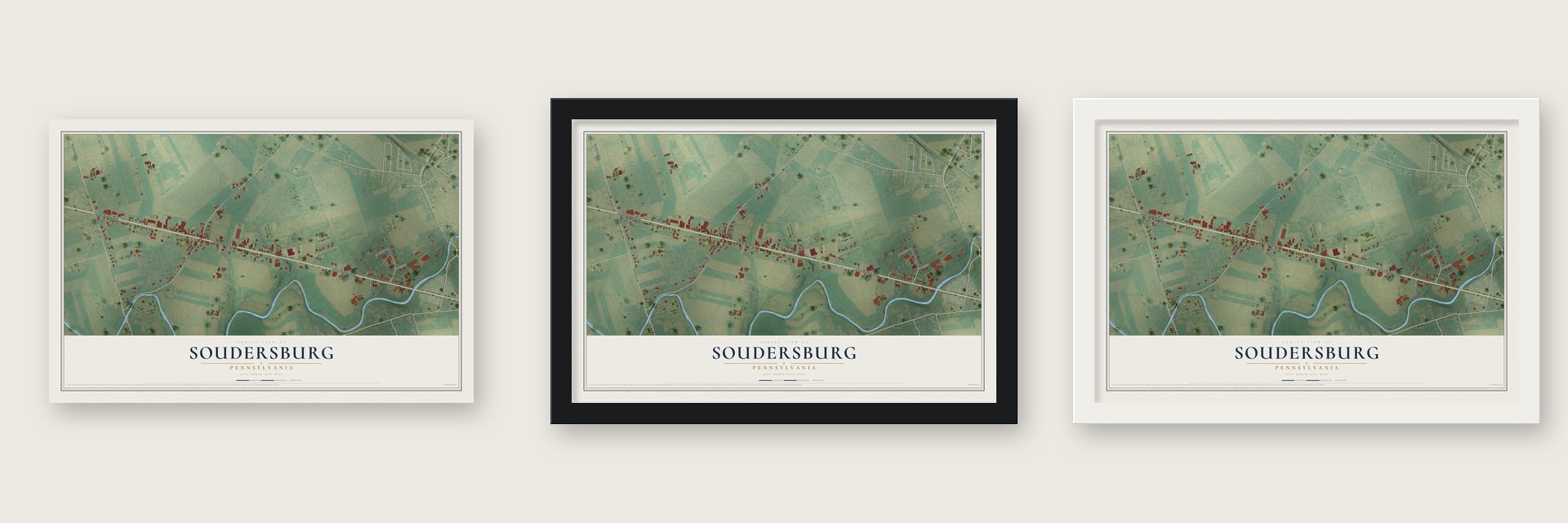 Soudersburg, Pennsylvania map unframed, in a black wood frame and in a white wood frame