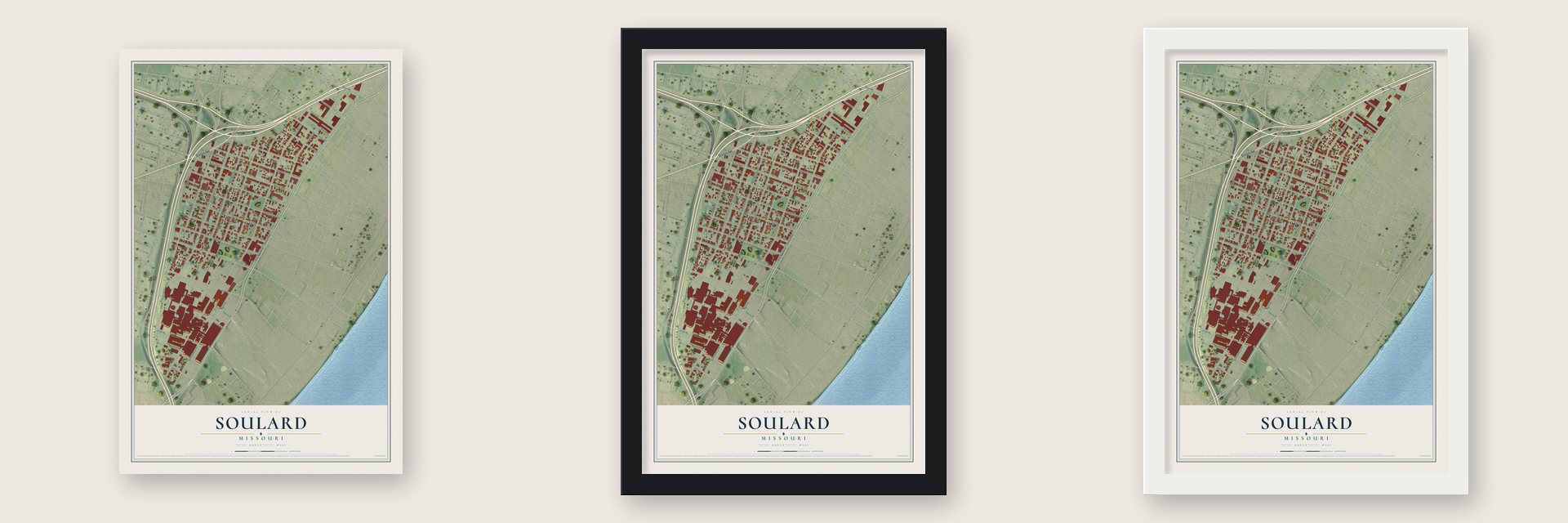 Soulard, Missouri map unframed, in a black wood frame and in a white wood frame