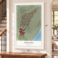Soulard, Missouri map, 24 x 36 inch print in a white frame by a staircase