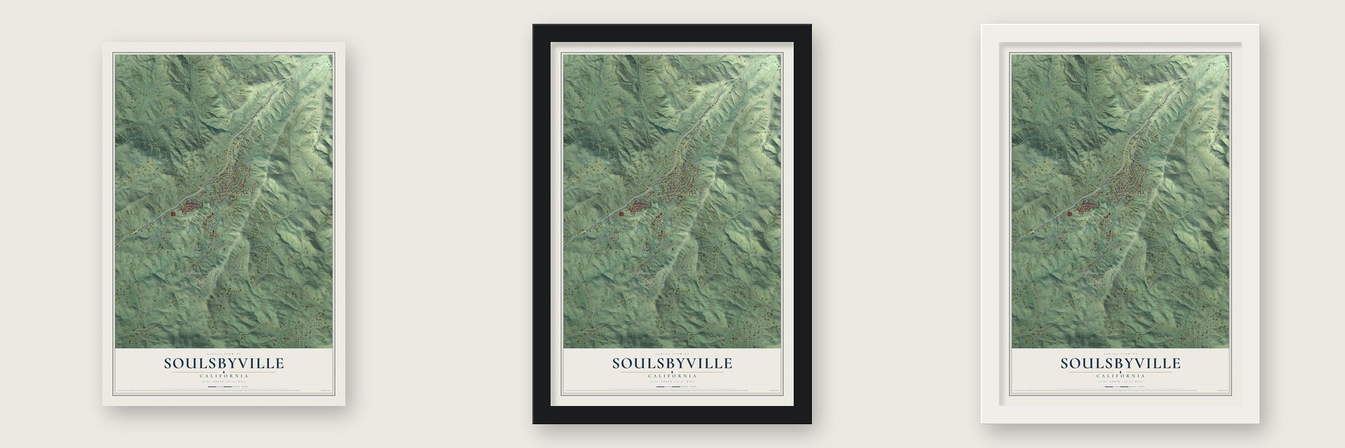 Soulsbyville, California map unframed, in a black wood frame and in a white wood frame