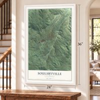 Soulsbyville, California map, 24 x 36 inch print in a white frame by a staircase